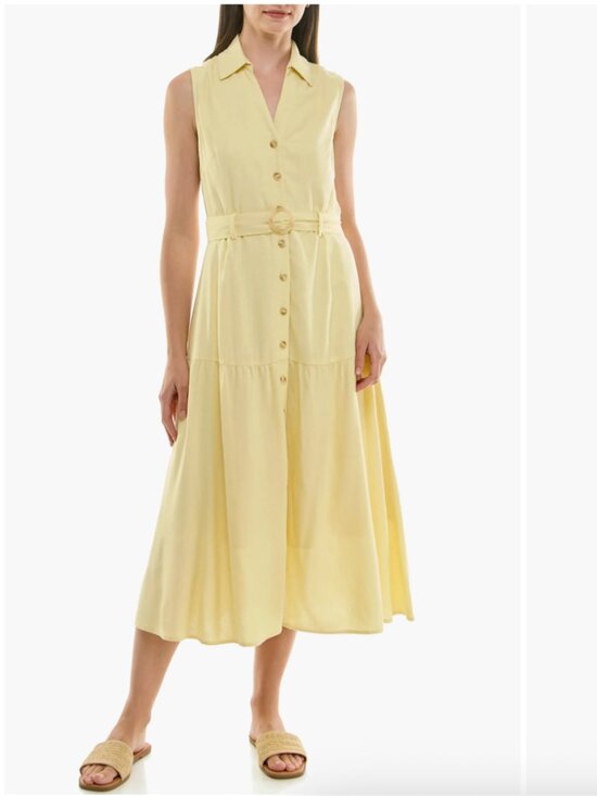 Nicole Miller Dresses & Skirts - Nicole Miller Yellow Linen Blend Belted Collared Midi Sleeveless Shirt Dress XL